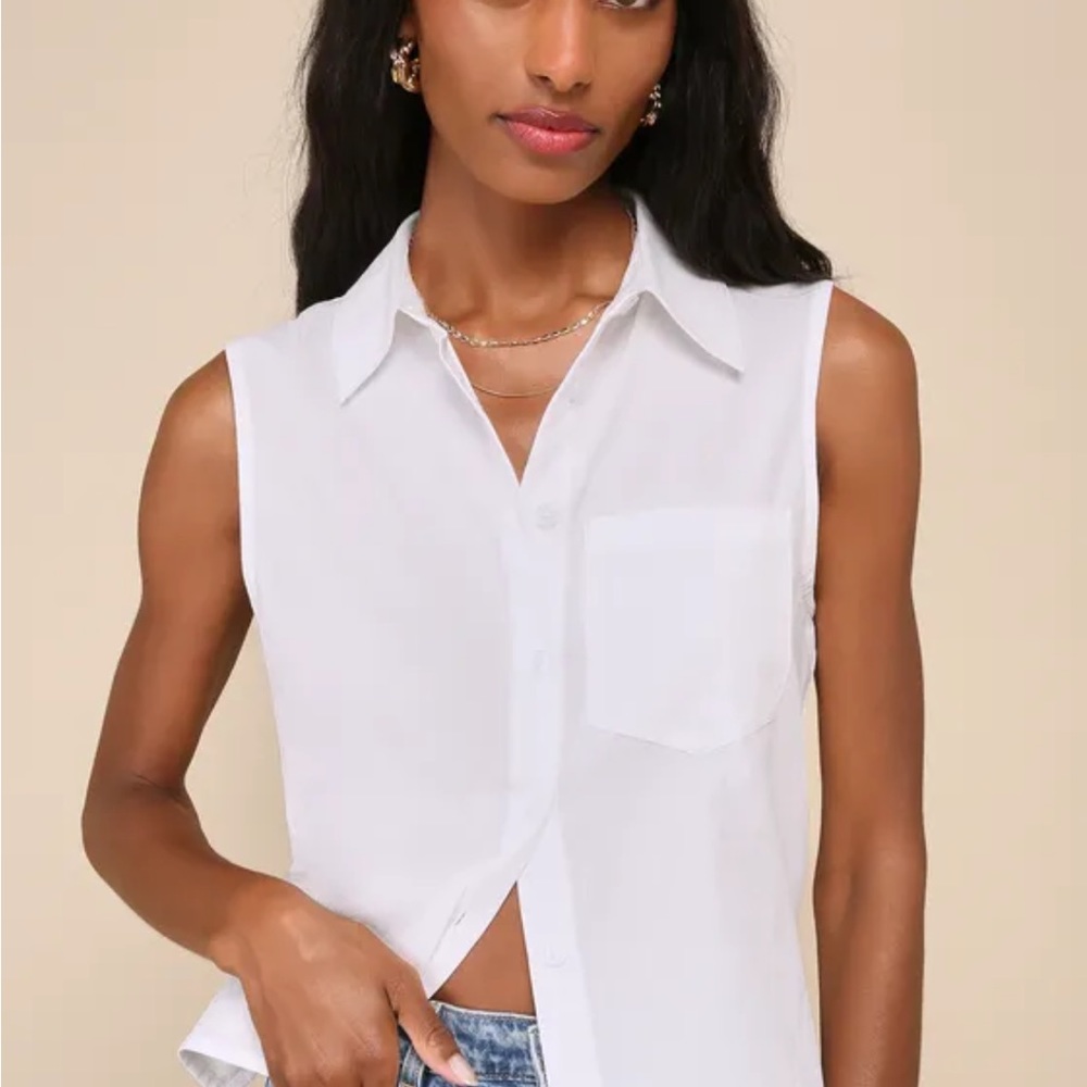 White Sleeveless Notched Collar Button Down Shirt